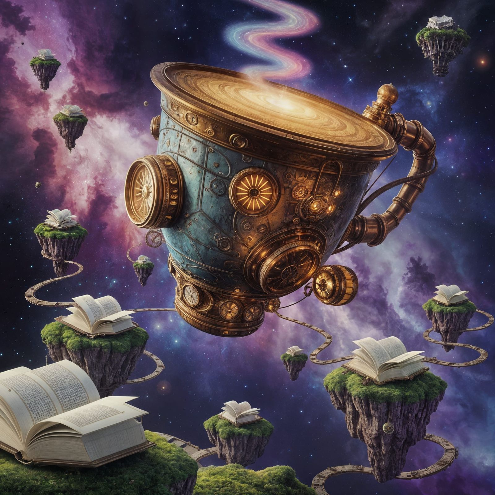 Steampunk Coffee Cup Airship Sails Through Cosmic Landscape