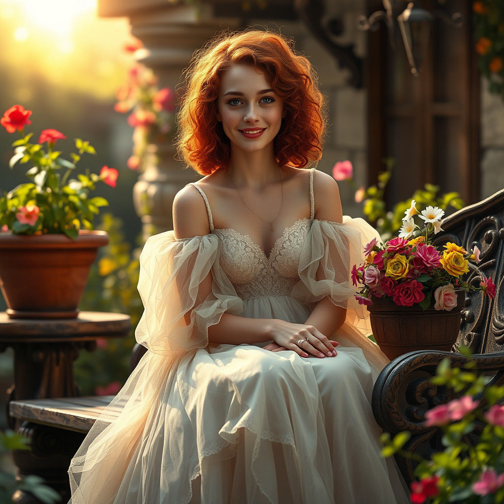 Ethereal Girl in Renaissance Garden, Oil and Acrylic