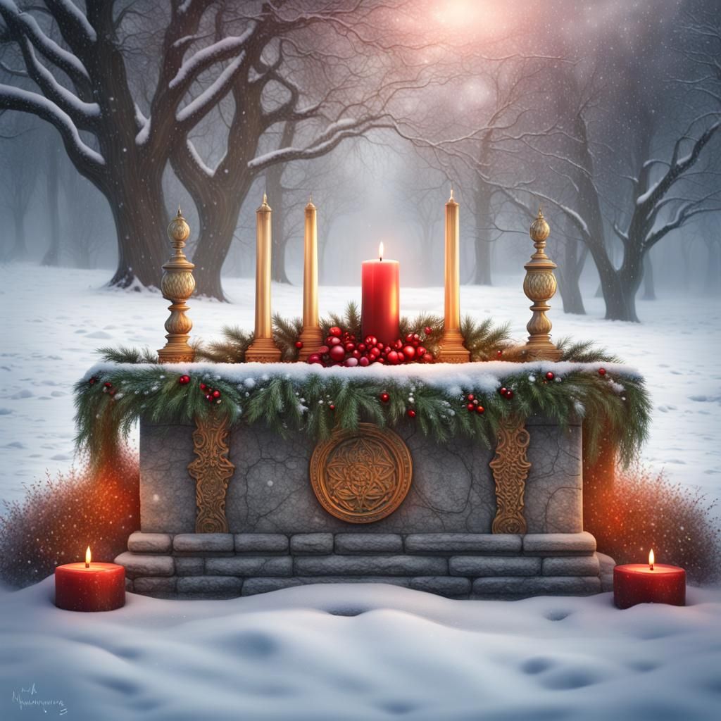 Decorated Stone Altar in Snowy Field, Hyperrealistic