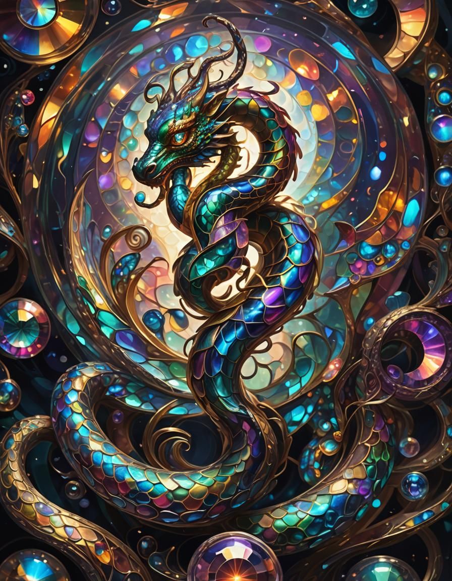 Quantum Serpent Coiled in Glass Still, Digital Art