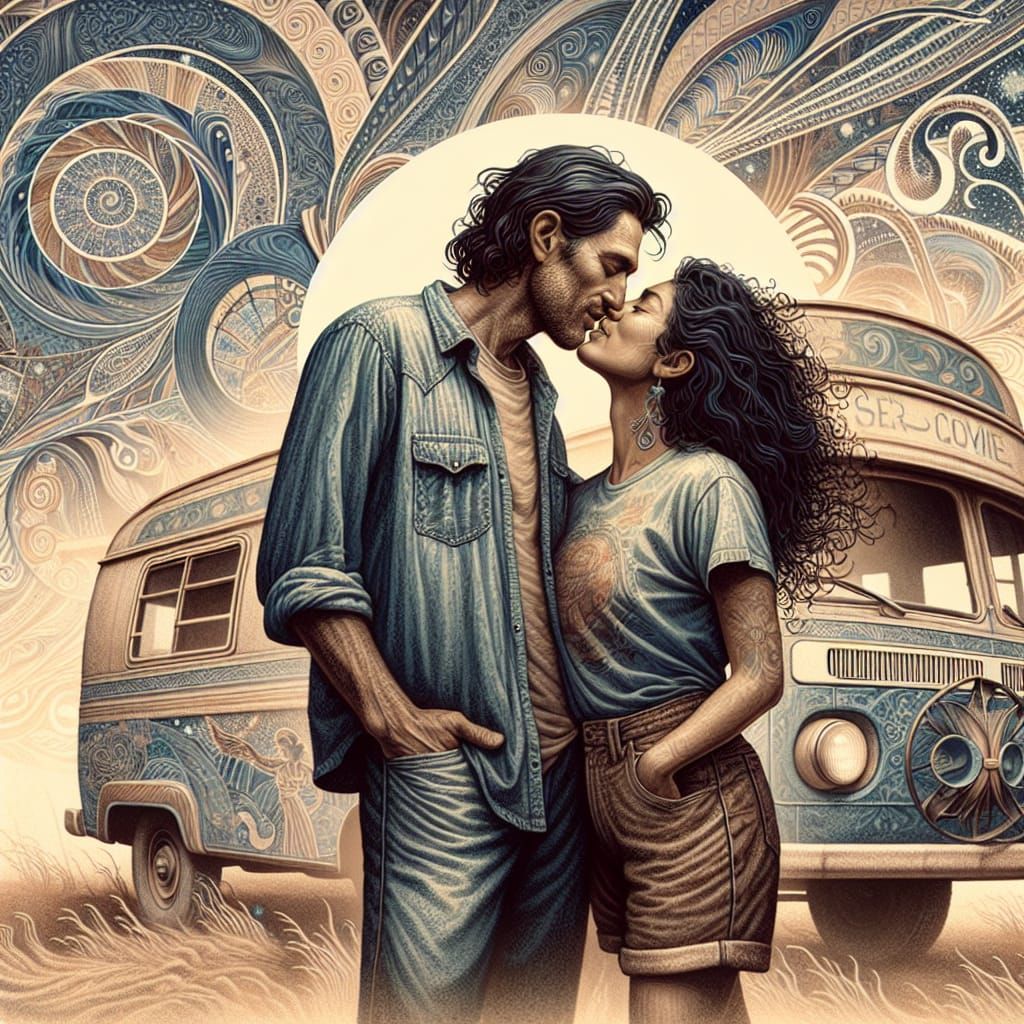 Romantic Kiss in Astral Cosmic Illustration Style