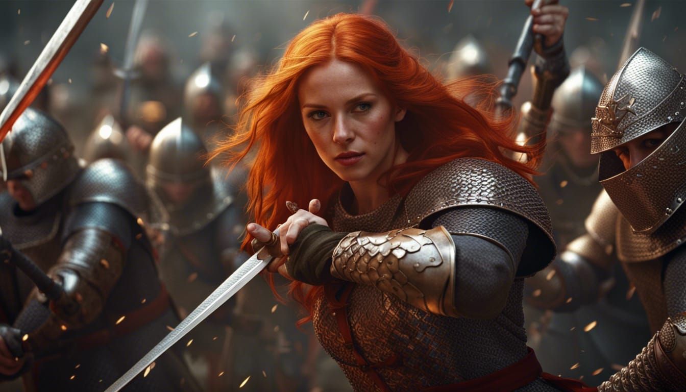 Redhead Warrior Battles Knights: Dark Fantasy Art