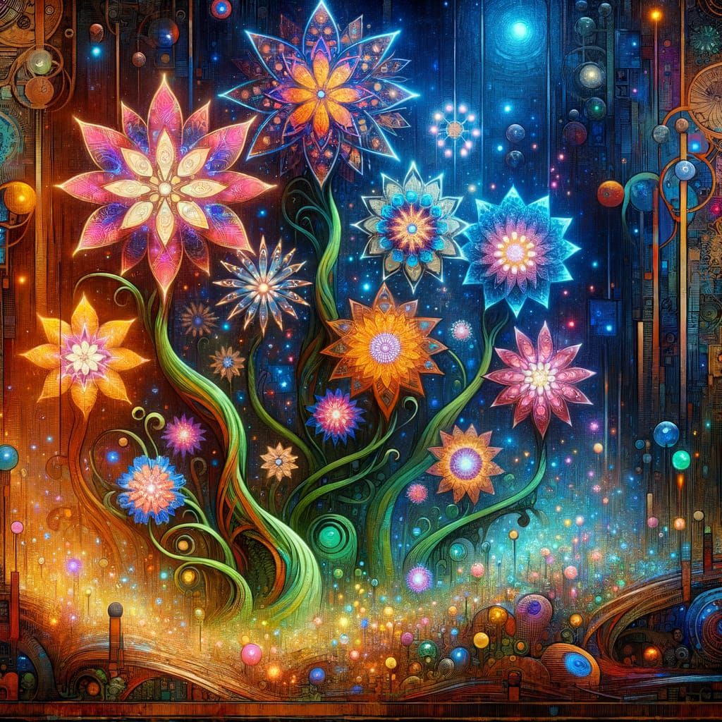 Luminescent Garden Emerging from Antique Manuscript in Art N...