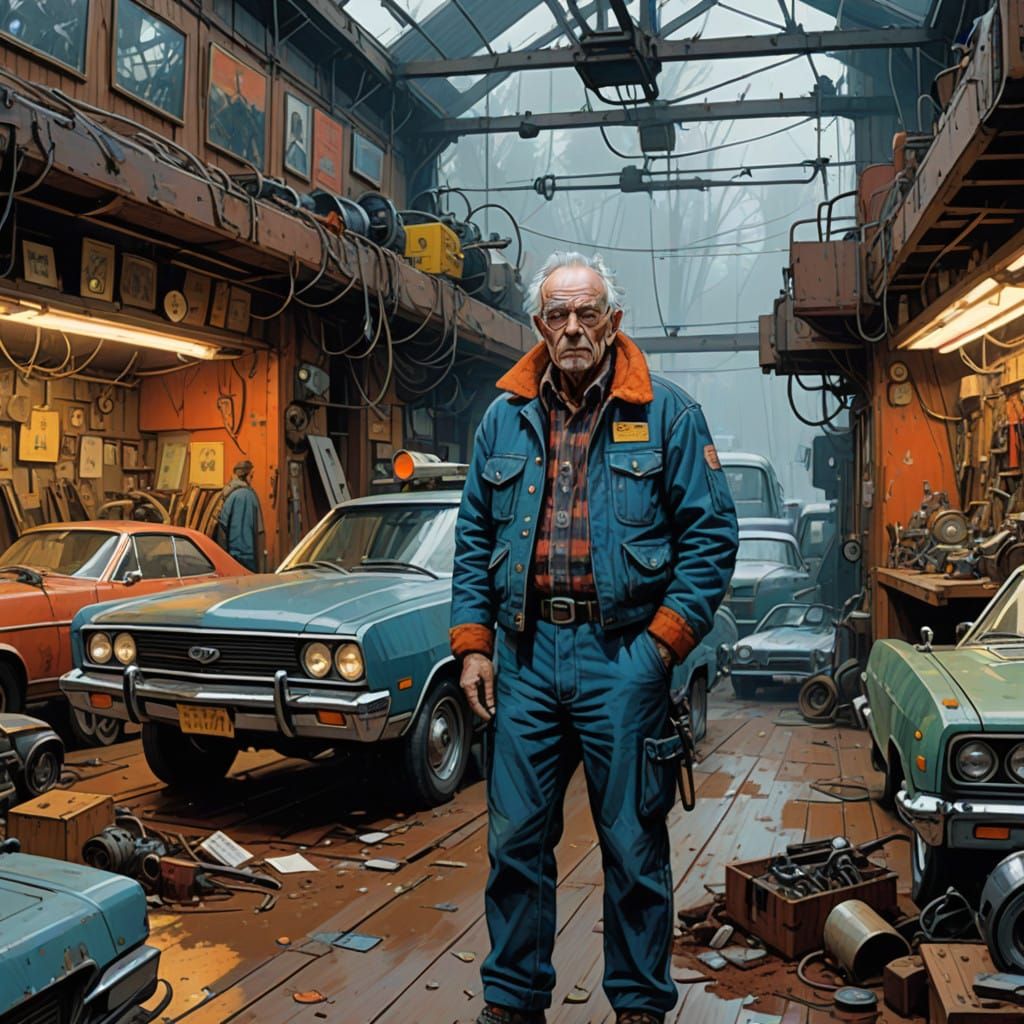 Gritty Auto Mechanic in Industrial Realism Style