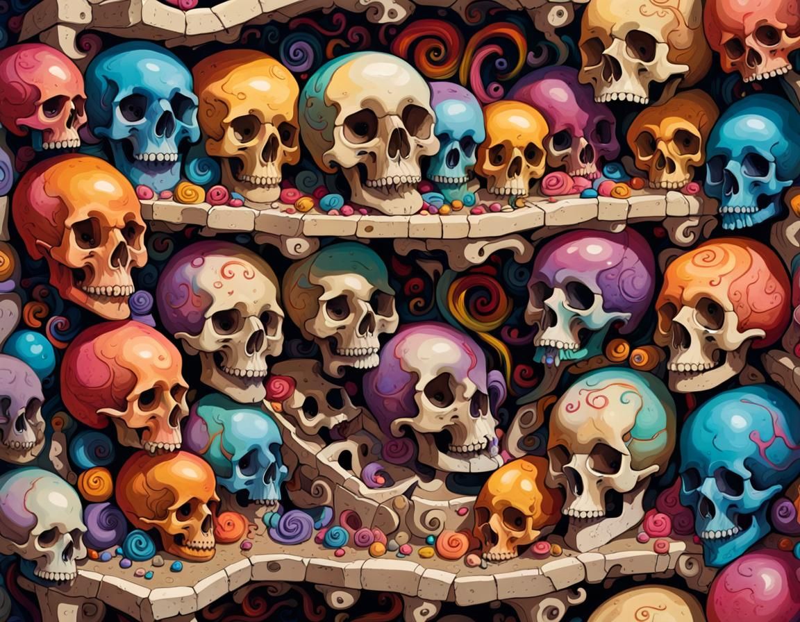 Vibrant Candyland Ossuary with Skulls and Bones