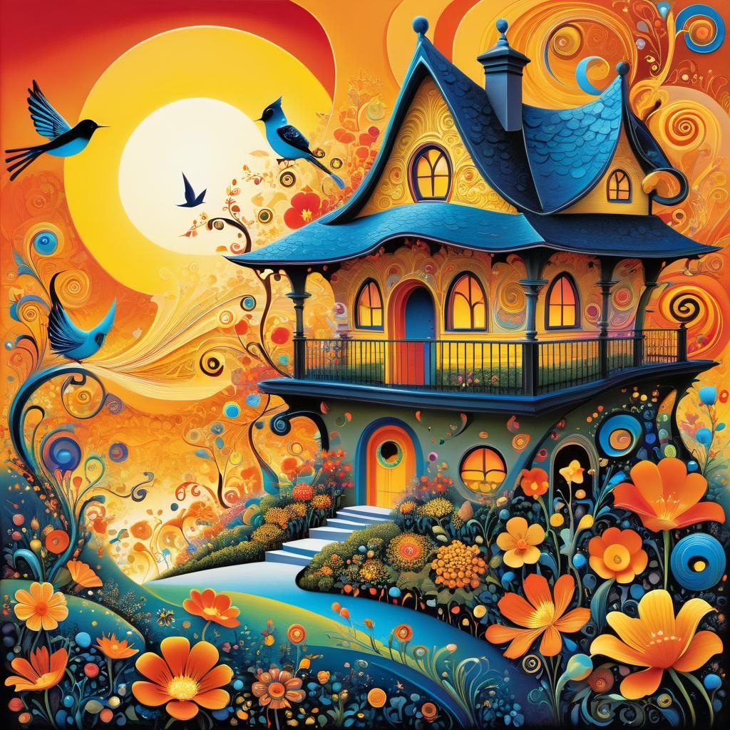 Dreamlike Fantasy Landscape: Gouache Painting in Miro Style