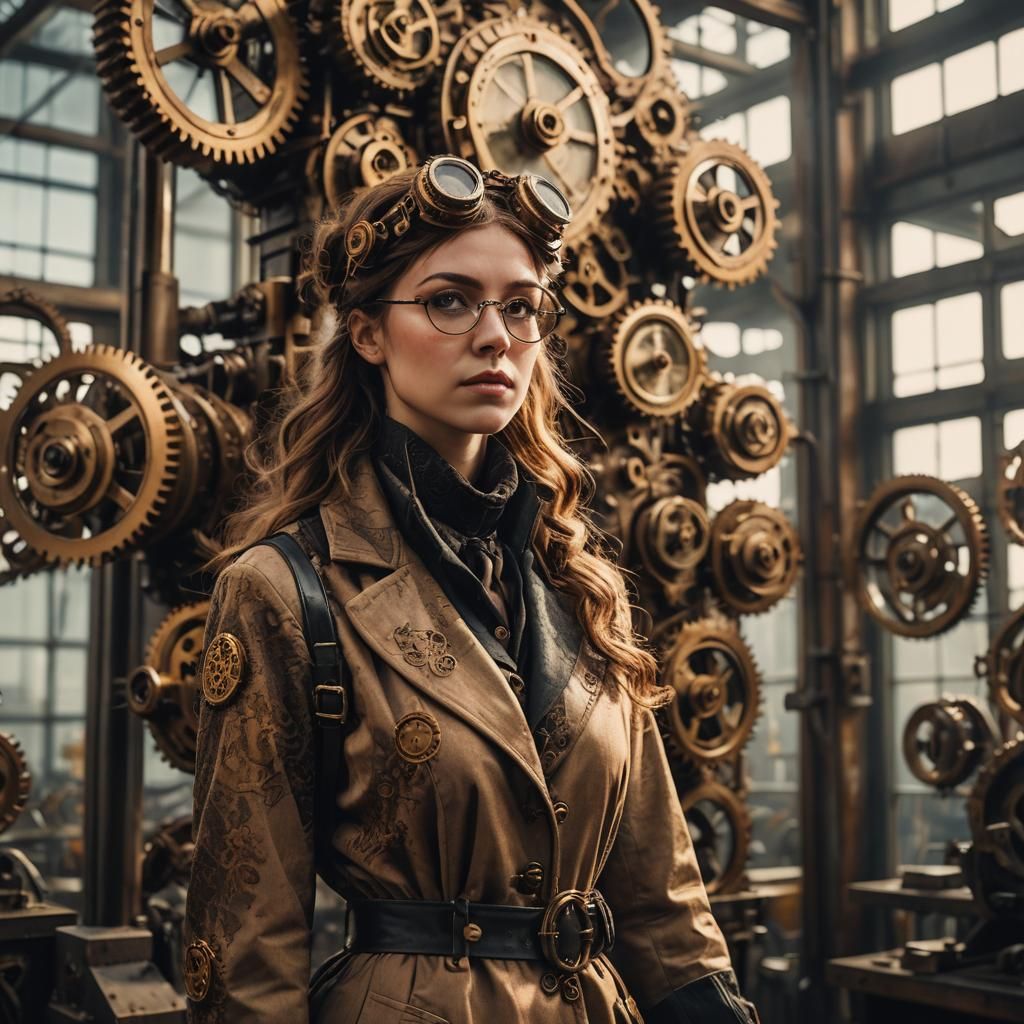 Steampunk Girl in Gear Factory: Anime-Inspired Portrait