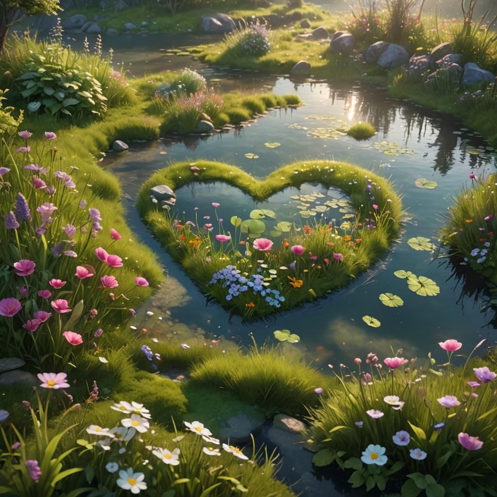Heart-Shaped Pond in Whimsical Fantasy Landscape