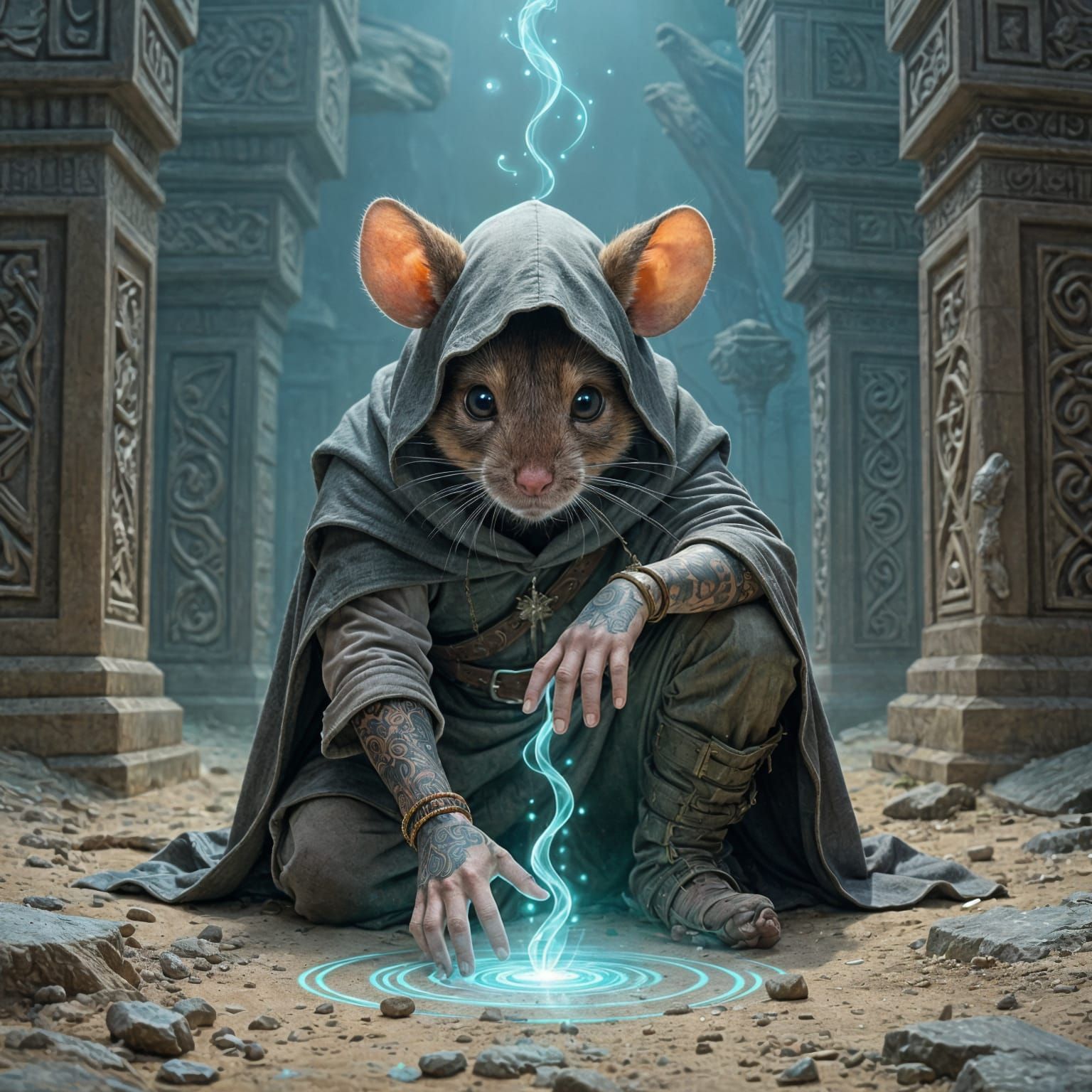 Mystical Anthropomorphic Mouse Unleashes Power in Pyramid