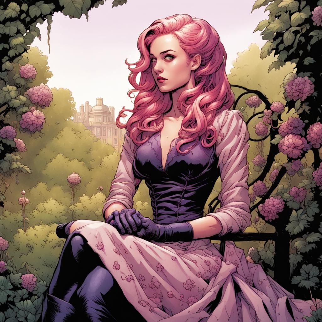 Pink-Haired Woman in Garden, Comic Book Art