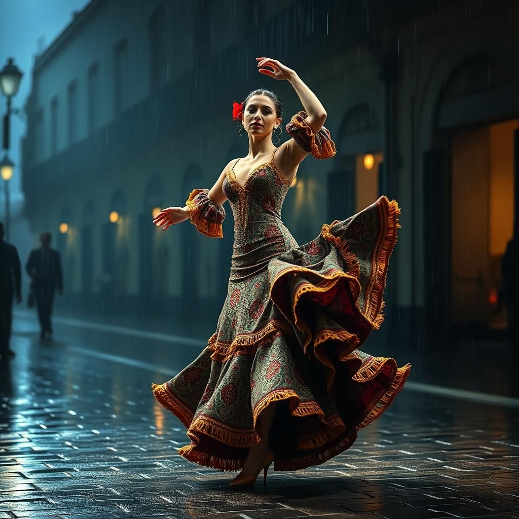 A mesmerizing scene of a flamenco dancer performing under a gentle rain.