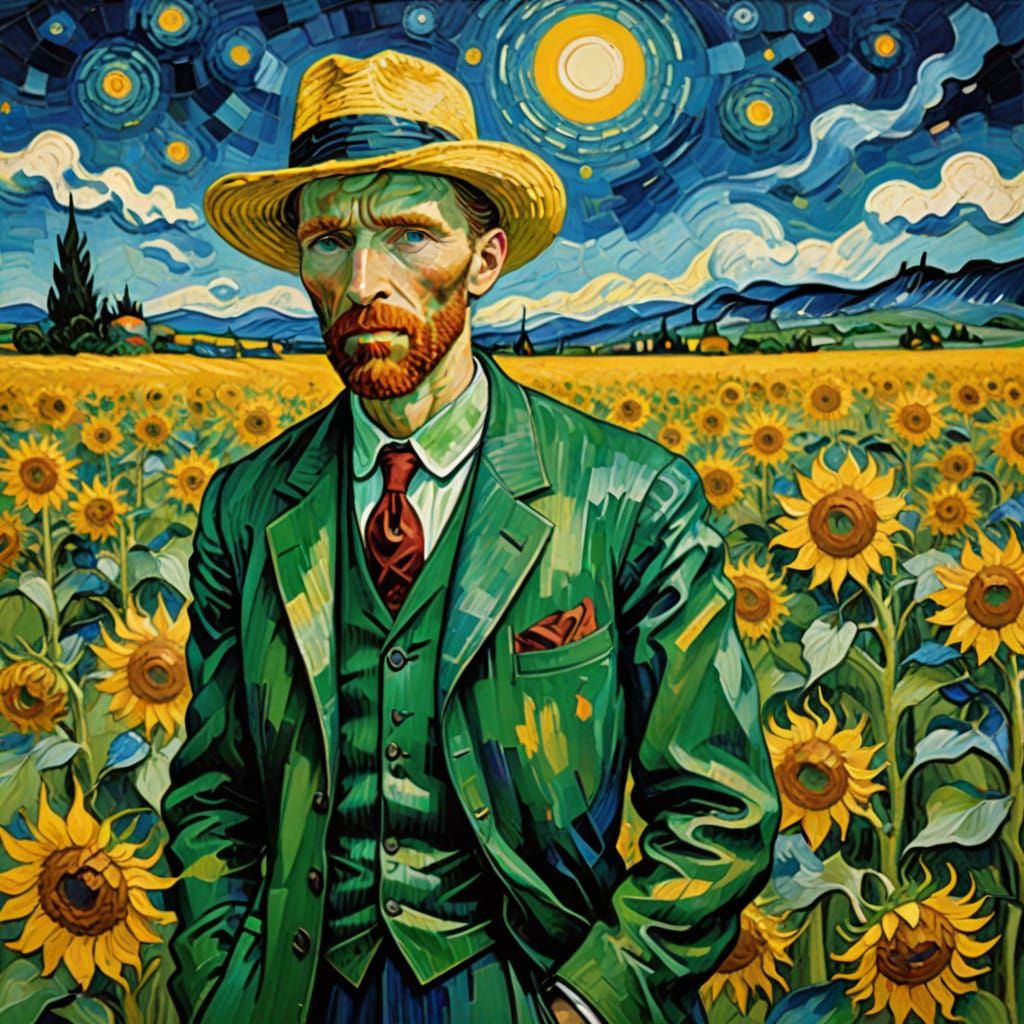 Vincent Van Gogh in a Sunflower Field Under Starry Night Sky