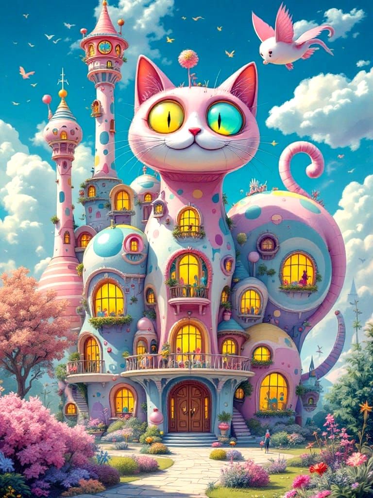 Whimsical Cat House in Vibrant Pastel Colors