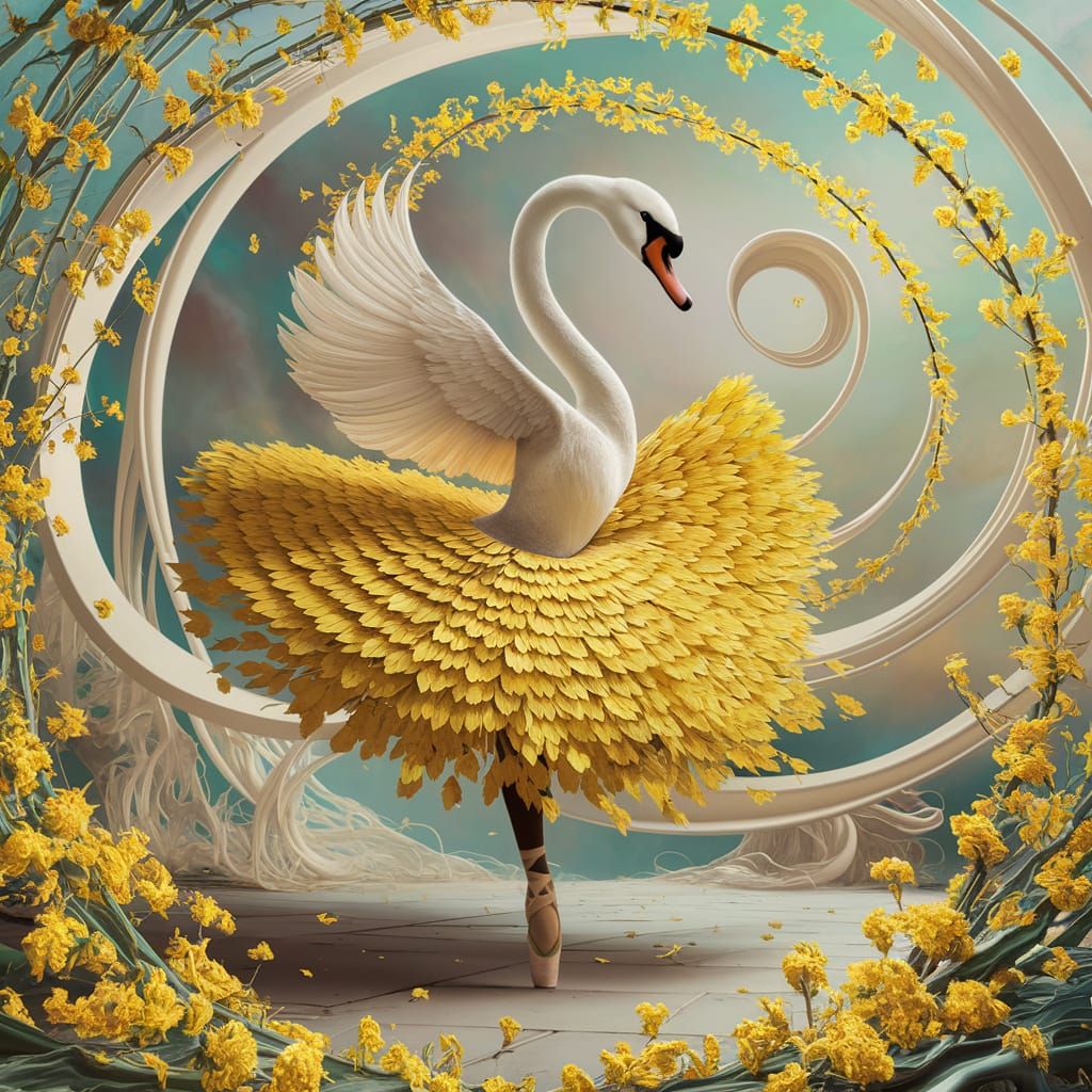 Swan in Falling Leaves Dress with Yellow Flowers