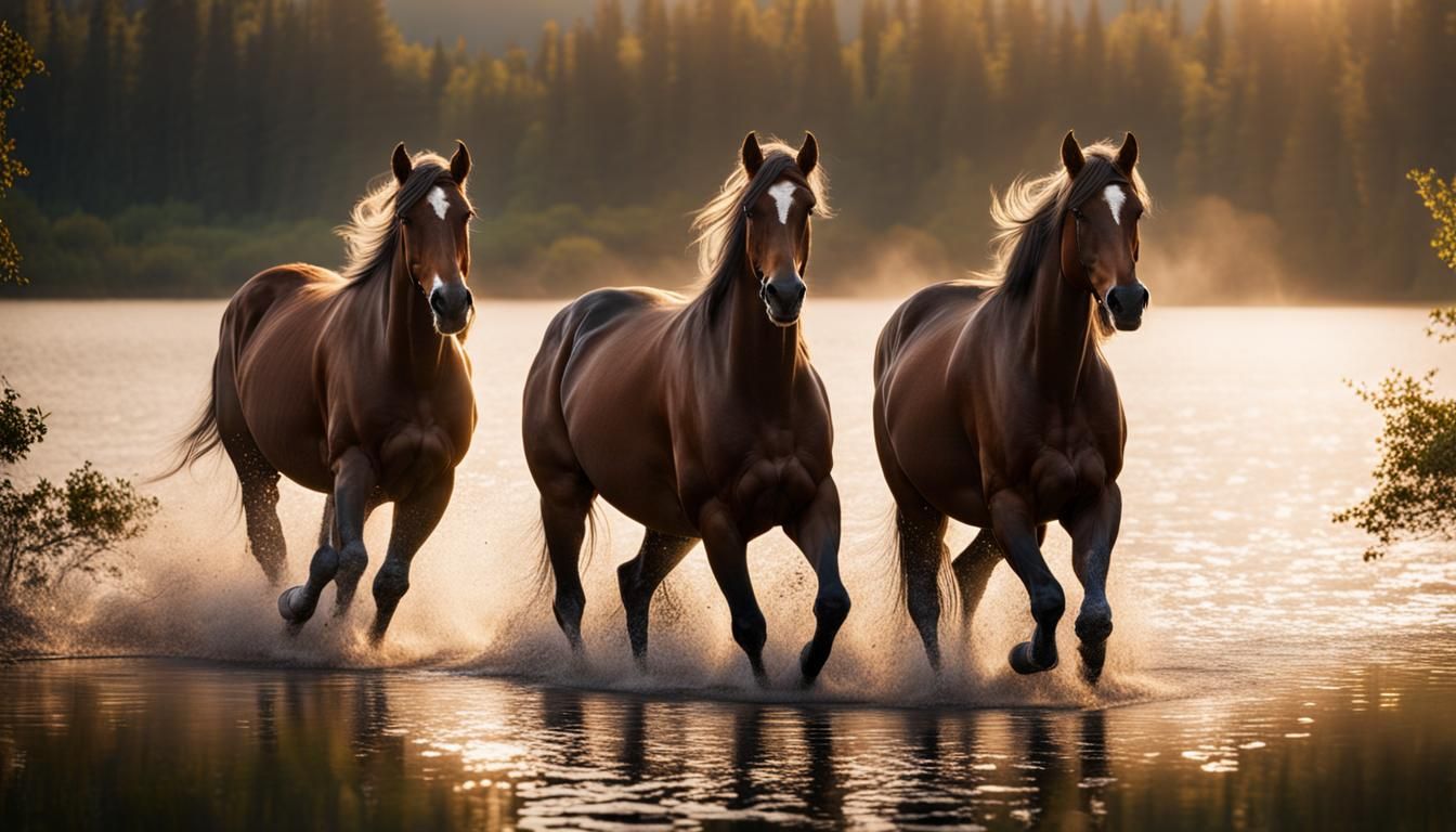 Cinematic Photo of Handsome Horses in Fantasy Lake