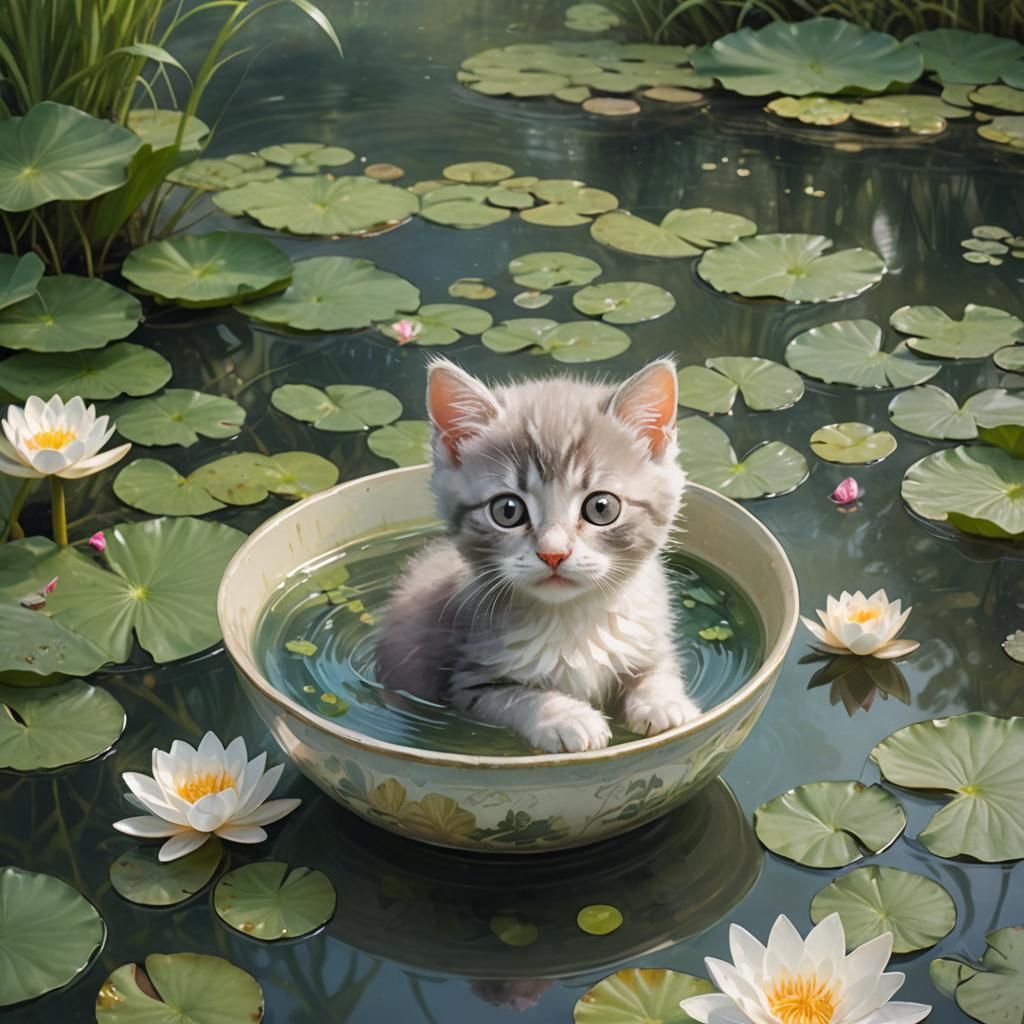 Kitten's Perilous River Journey in Watercolor Style