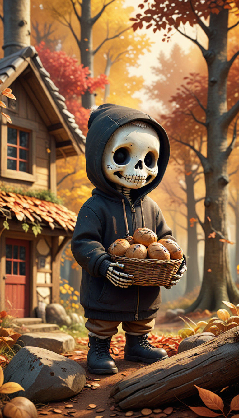 Chibi Skeleton Boy Bakes Bread in Whimsical Forest Cabin