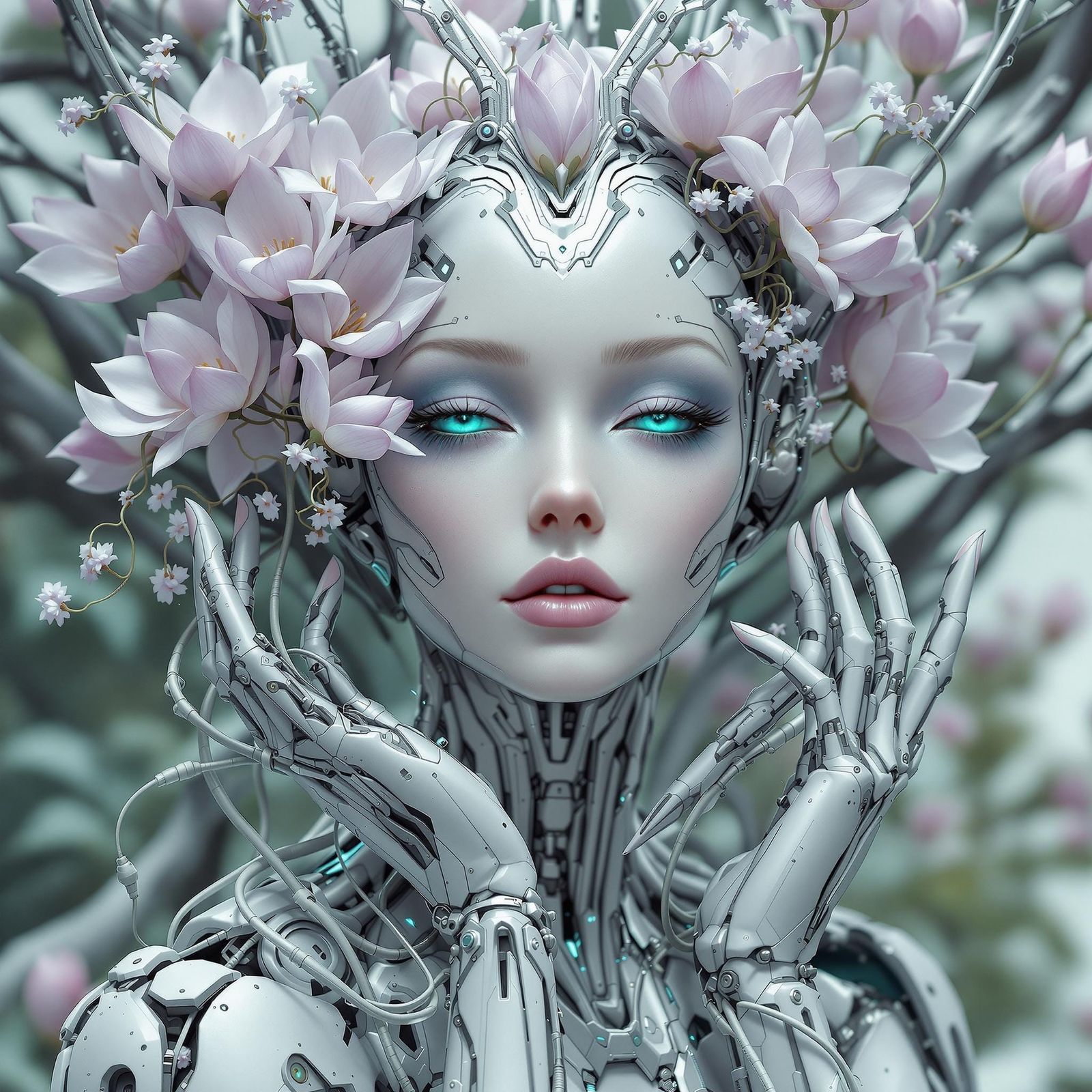 Majestic Robot Lady with Lotus Flowers in Cyberpunk Style