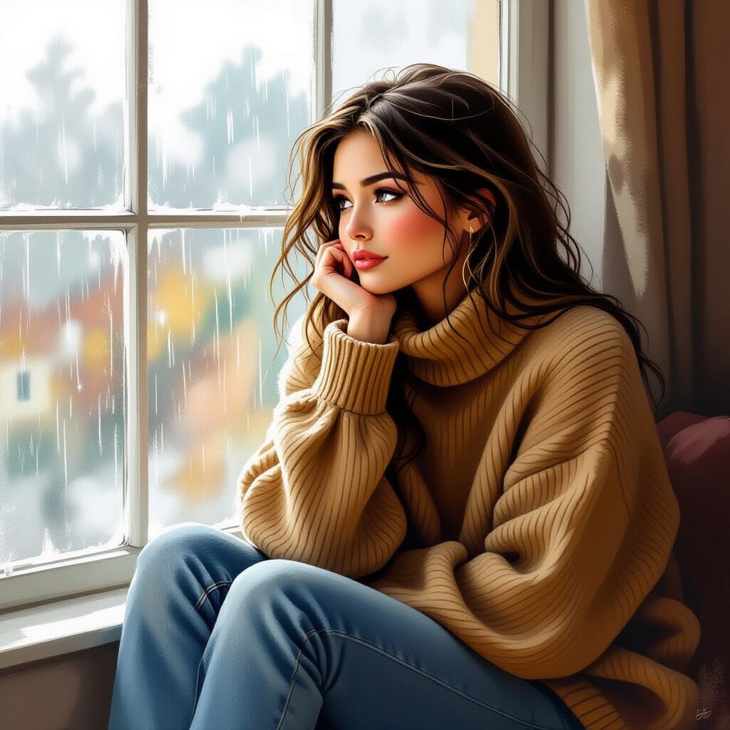 Contemplative Woman by Rainy Window: Digital Art