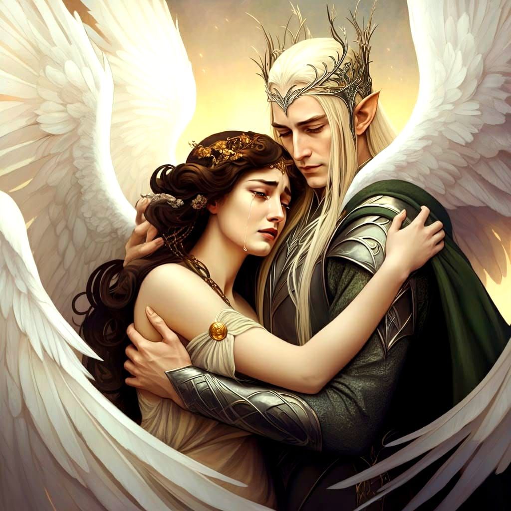 Elf King Protects a Weeping Goddess in a Haunting Mythologic...