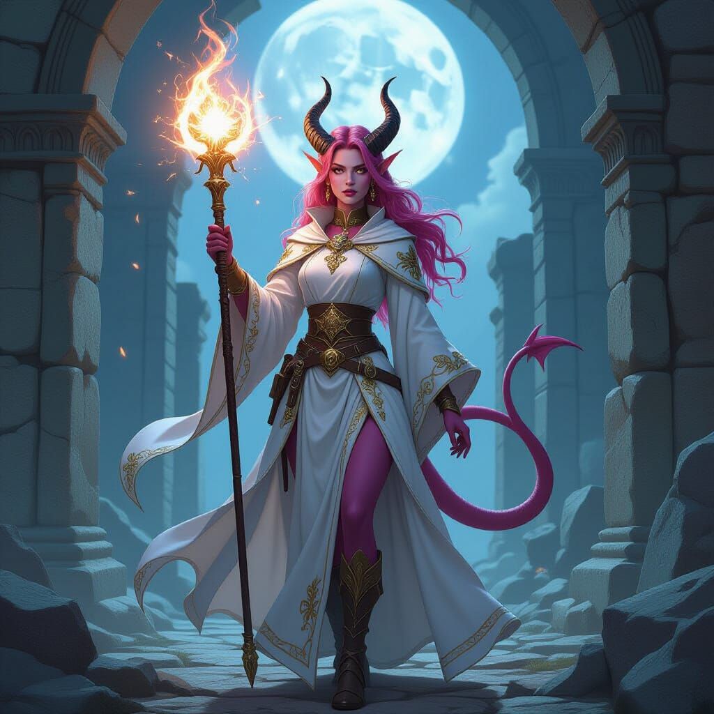 Tiefling Cleric Wielding Glowing Mace in Moonlit Ruins