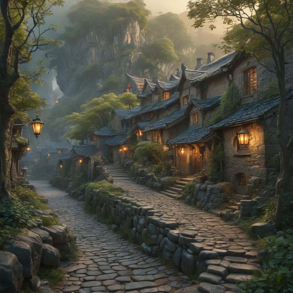 Enchanting Cobblestone Village: Fantasy Concept Art