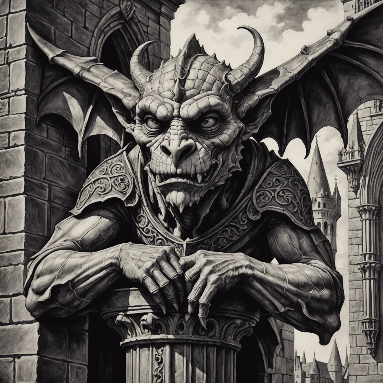 Detailed Charcoal Drawing of Medieval Gargoyle