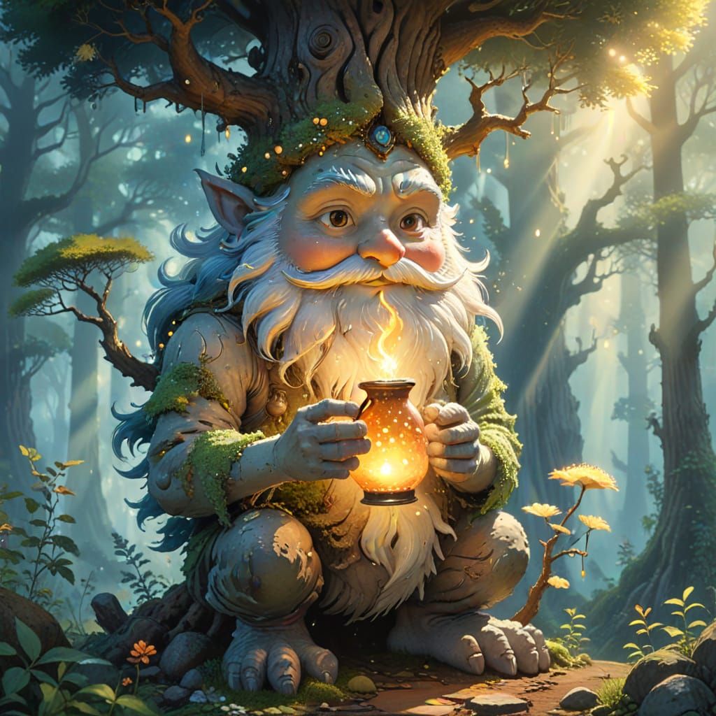 Ancient Tree Spirit Brews Whimsical Potion in Golden Hour