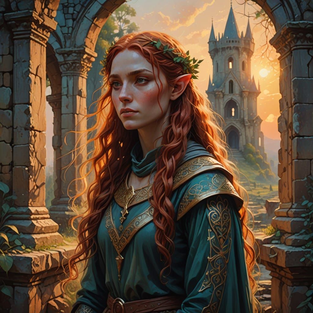 Medieval Elf Maiden in Golden Ruins