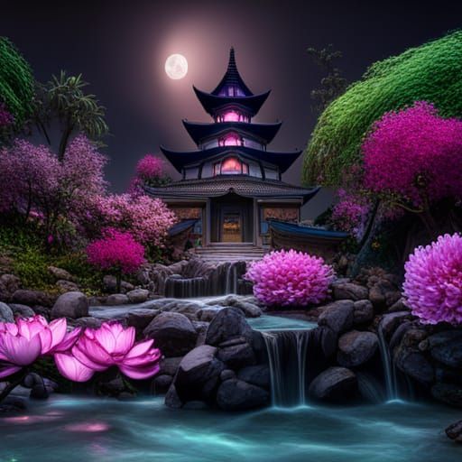 Night Temple Garden with Plum Tree and Waterfall
