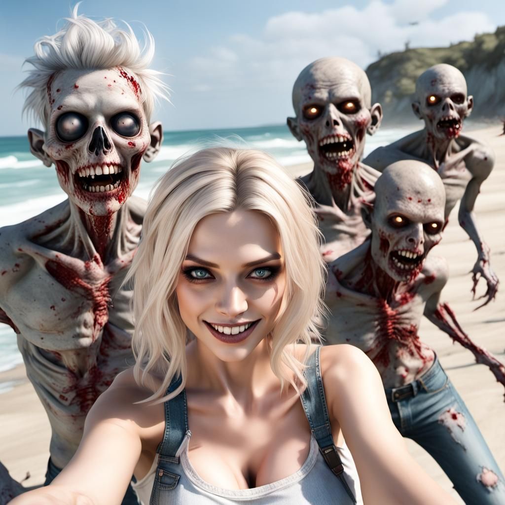 Blonde Woman's Zombie Selfie: Dark Fantasy Beach Art