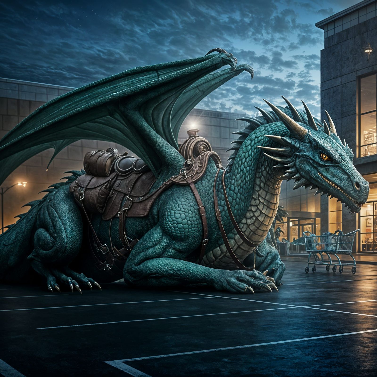 Dragon in Modern Mall Parking Lot Scene