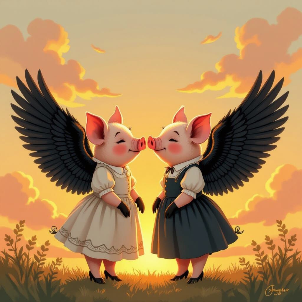 Whimsical Pigs with Black Wings in Sunset Glow