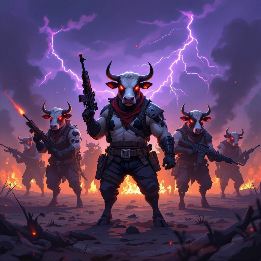 Hostile Cows in Army Formation with Weapons