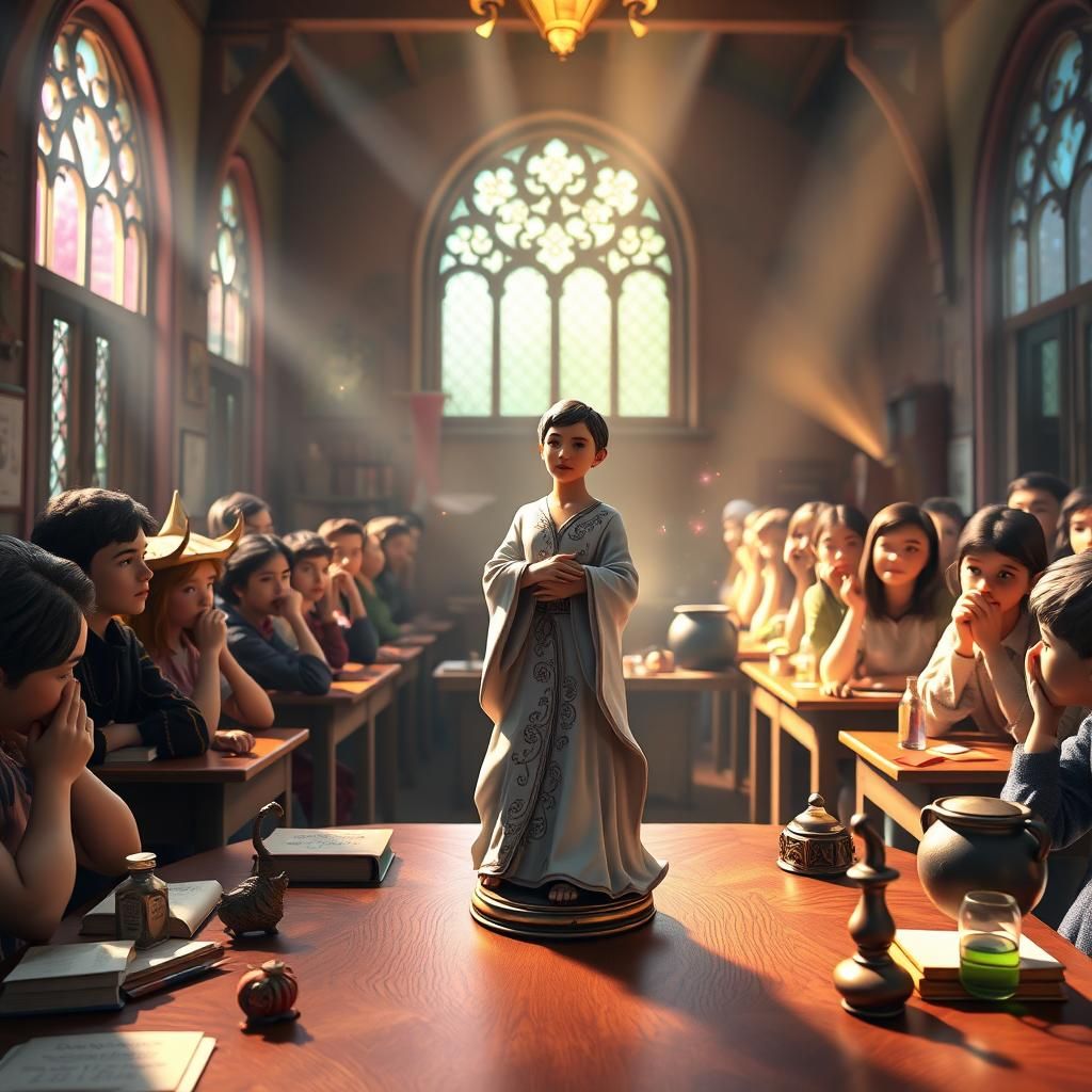 Magic Student's Mishap: Teacher as Art Nouveau Figurine