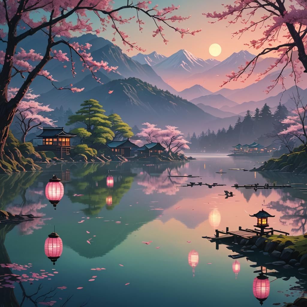 Dreamlike Japanese Lake Landscape with Cherry Blossoms
