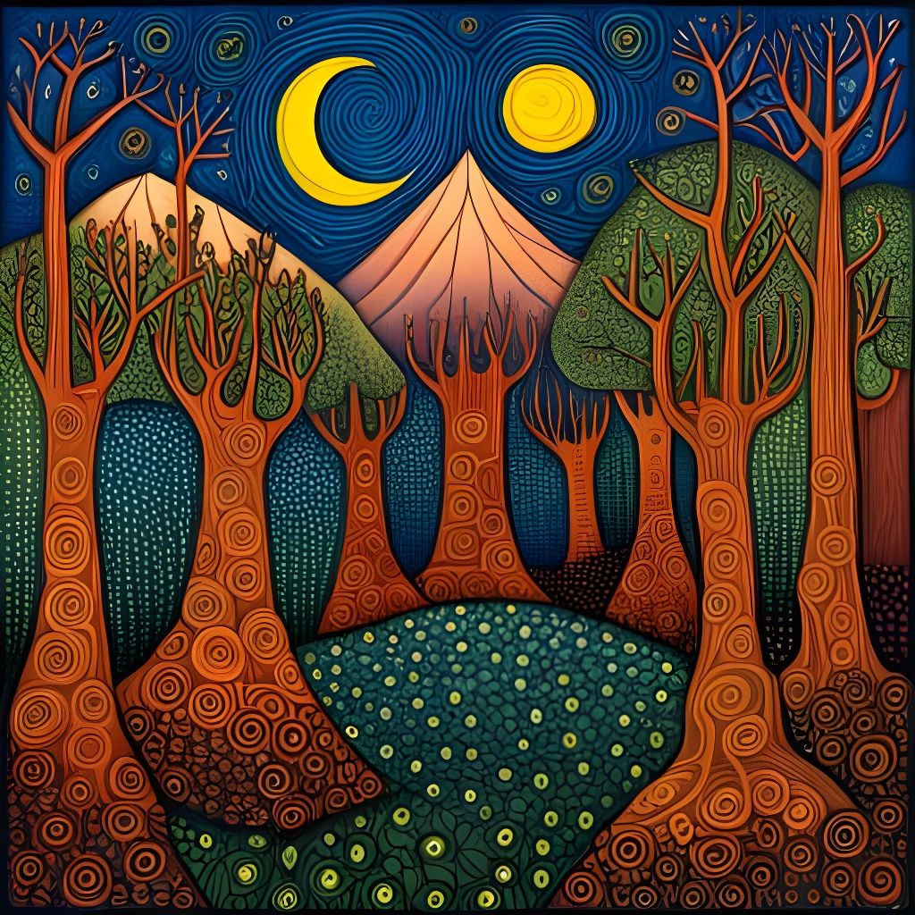 Mysterious Forest Under Starry Cosmos in Art Brut Style