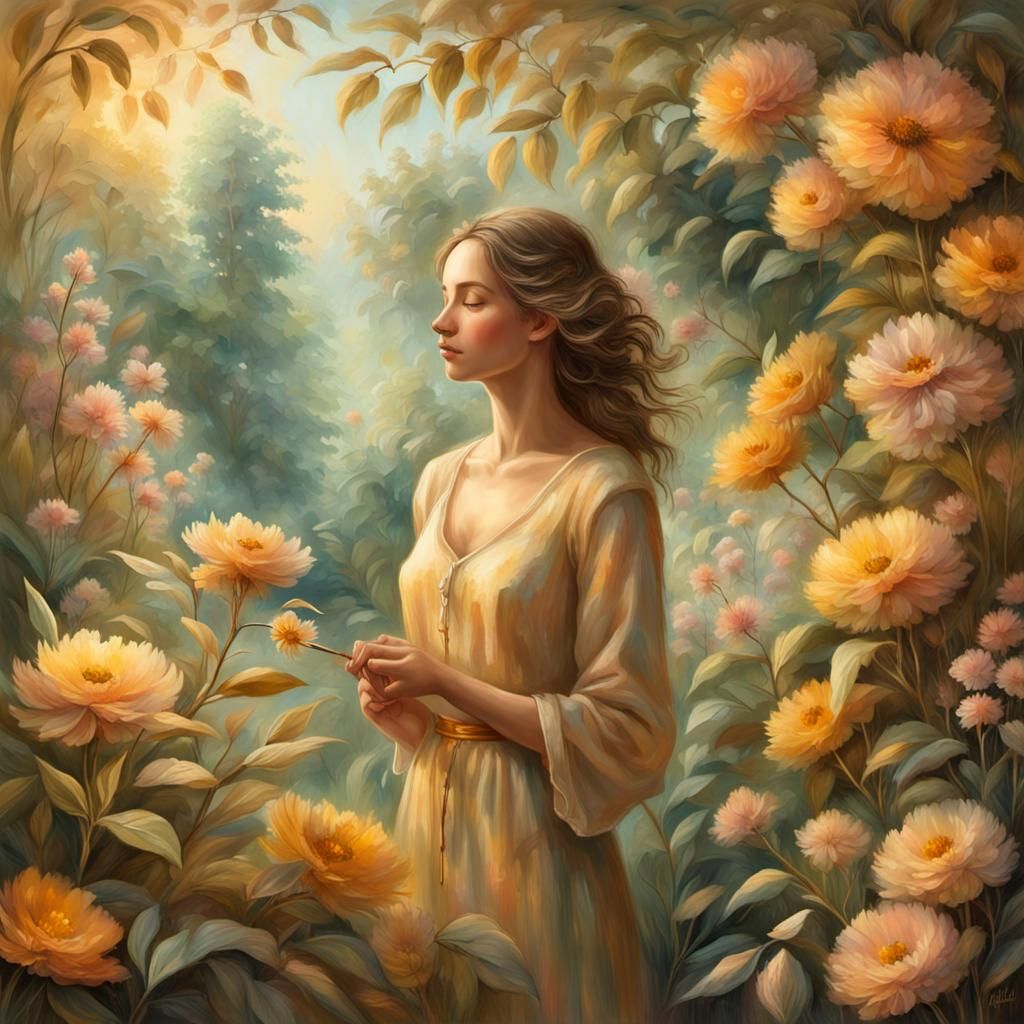Woman in Symbolic Garden with Chalk Art Texture