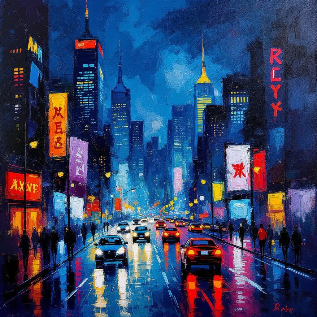 Abstract Expressionist Cityscape at Night