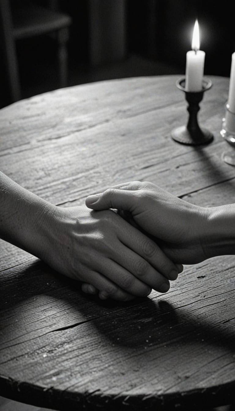 Intimate Lovers Holding Hands in Candlelight, Black and Whit...