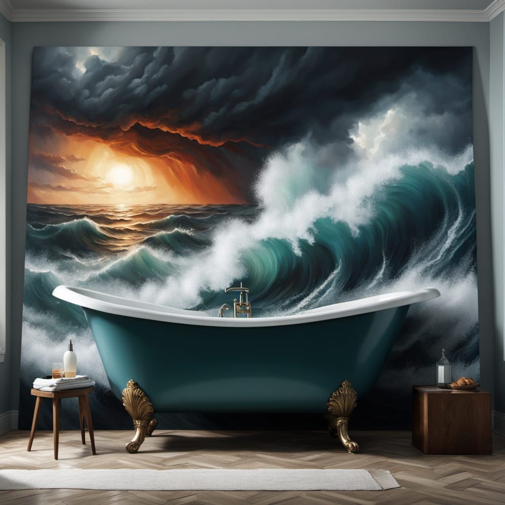 Stormy Sea Spills into Bathtub: Photorealistic Painting