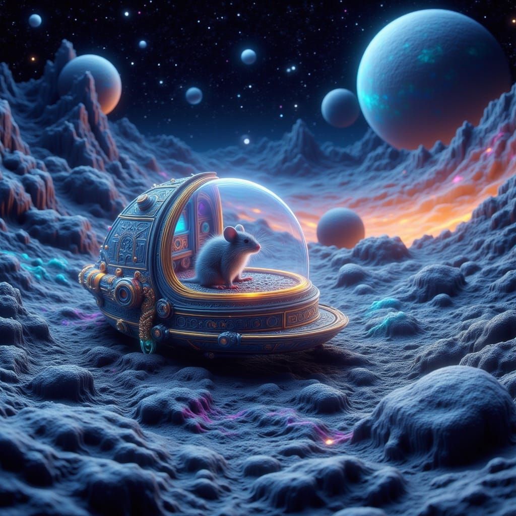 Pixel Cartoon Alien Spaceship on the Moon