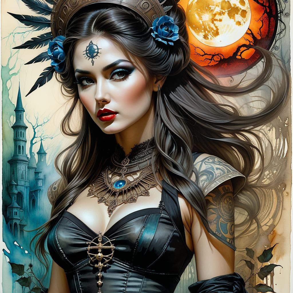 Hypermaximalist trompe l’oeil surreal watercolor pen and alcohol ink Golgothan hollow sun theory dark fantasy romance pa...