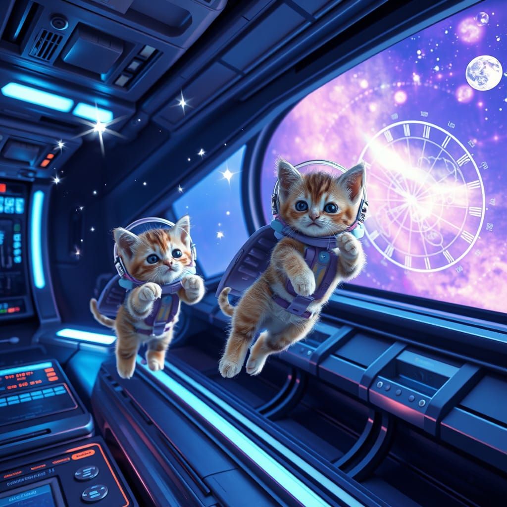 Kittens in Space Suits Explore a Violet Nebula