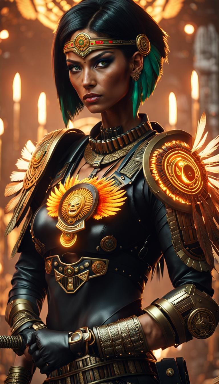 Aztec Warrior Woman with Flaming Sword in Cyberpunk Style