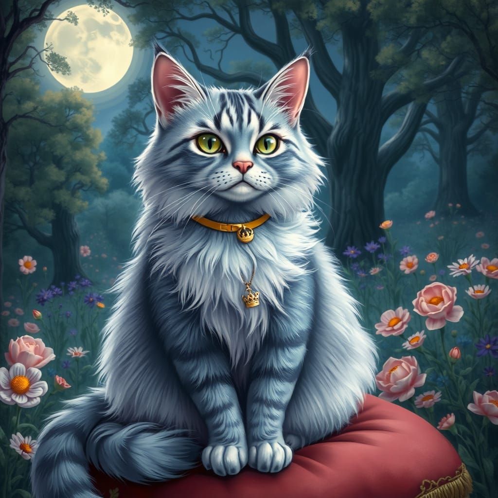 Regal Lavender Cat in Whimsical Moonlit Garden