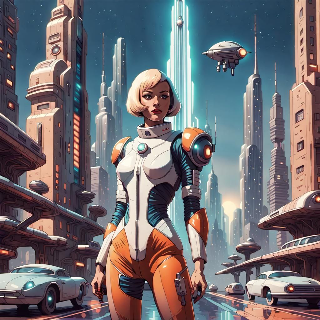 Retrofuturistic Raygun Woman in Neon Cityscape