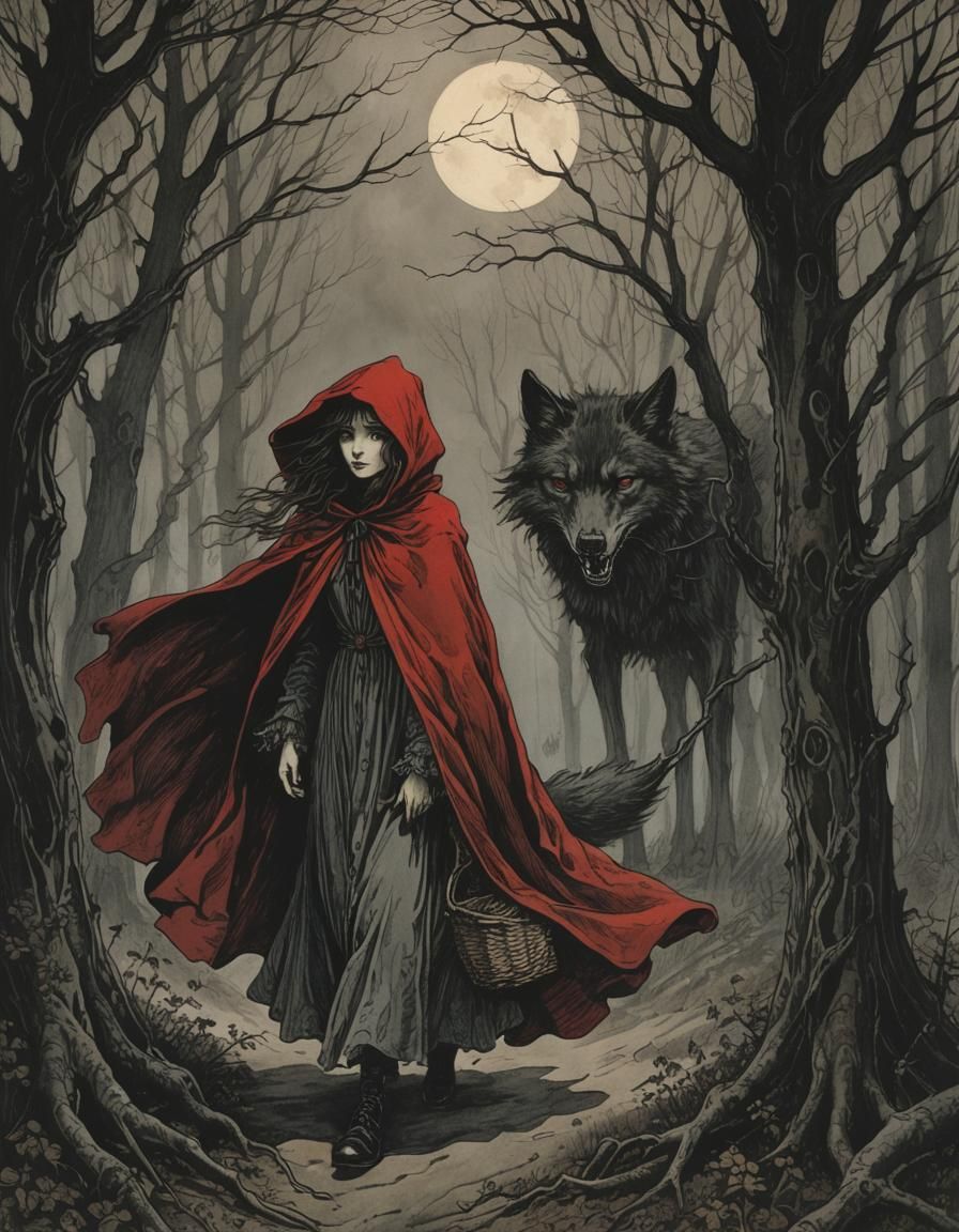 16k resolution, art by Arthur Rackham, Edward Gorey. A shadowy Little Red Riding Hood, cloak billowing in an ominous win...