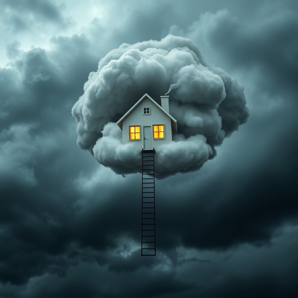 Charming Cloud- Embedded Cottage in a Dark, Menacing Skyscap...