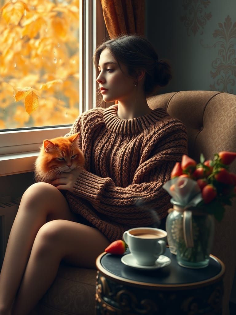 Slavic Beauty in Autumn Light, Art Nouveau Style